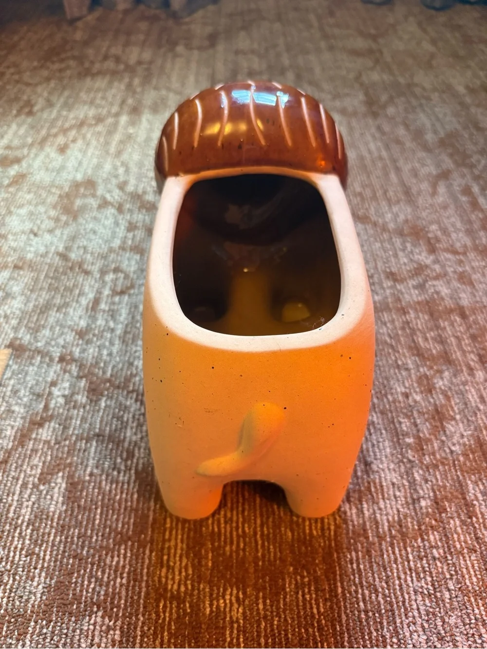 Ceramic Lion Planter Glossy Brown & Cream Speckled Animal Shape 7 in
